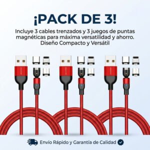 Pack: 3x Cable Carga Magnético 2a 540 Micro Usb + Tipo-c + Ios /2 Mts - Rojo.