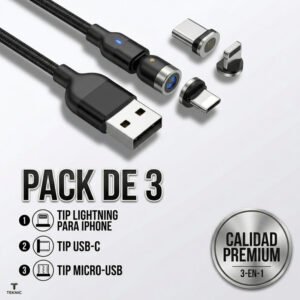 Pack: 3x Cable Carga Magnético 3a 540 Micro Usb + Tipo-c + Ios /2 Mts - Negro.