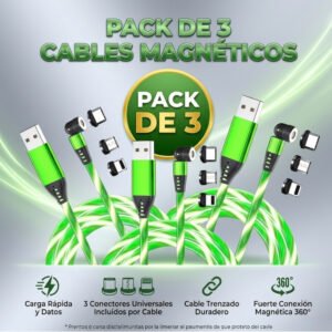 Pack: 3x Cable Cargador Led Magnético 3a  /540° Microusb Tipoc Ios - Verde / 2 Metros.