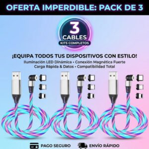 Pack: 3x Cable Cargador Led Magnético 3a  /540° Microusb Tipoc Ios - Azul / 2 Metros.