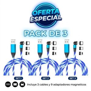 Pack: 3x Cable Cargador Led Magnético 3a  /540° Microusb Tipoc Ios - Blanco / 1 Metro.