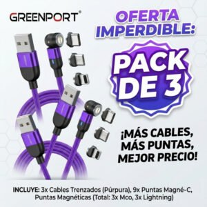 Pack: 3x Cable Carga Magnético 3a 540 Micro Usb + Tipo-c + Ios /2 Mts - Púrpura.