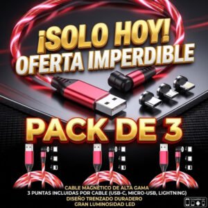 Pack: 3x Cable Cargador Led Magnético 3a  /540° Microusb Tipoc Ios - Rojo / 2 Metros.