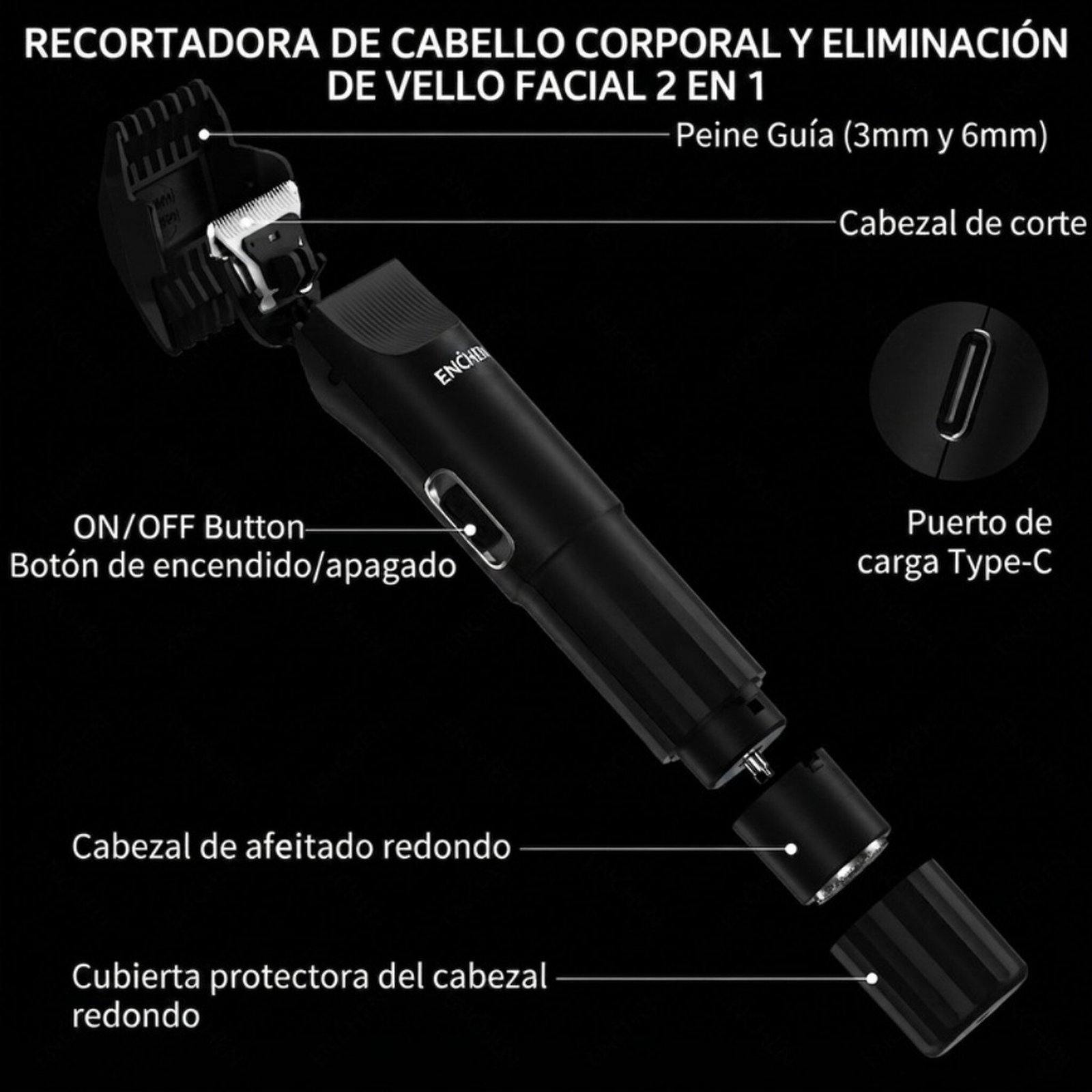 Recortadora de vello corporal y bikini electrica 2 en 1 Enchen A6 - Negro - Imagen 4